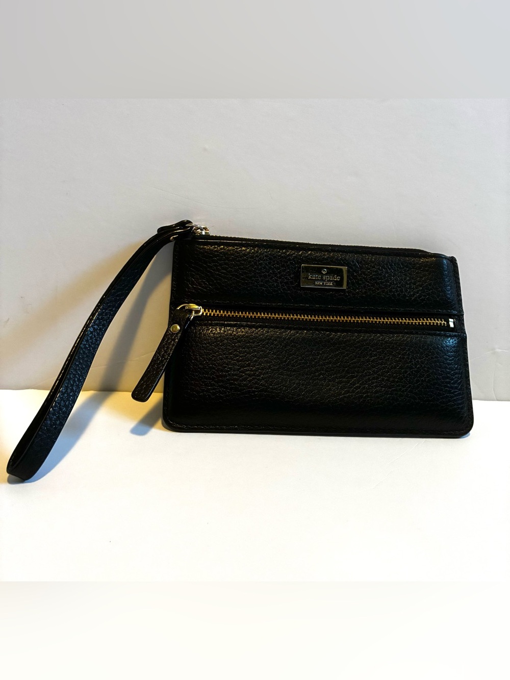 kate spade Black Pebble Leather Wristlet with Front Zip